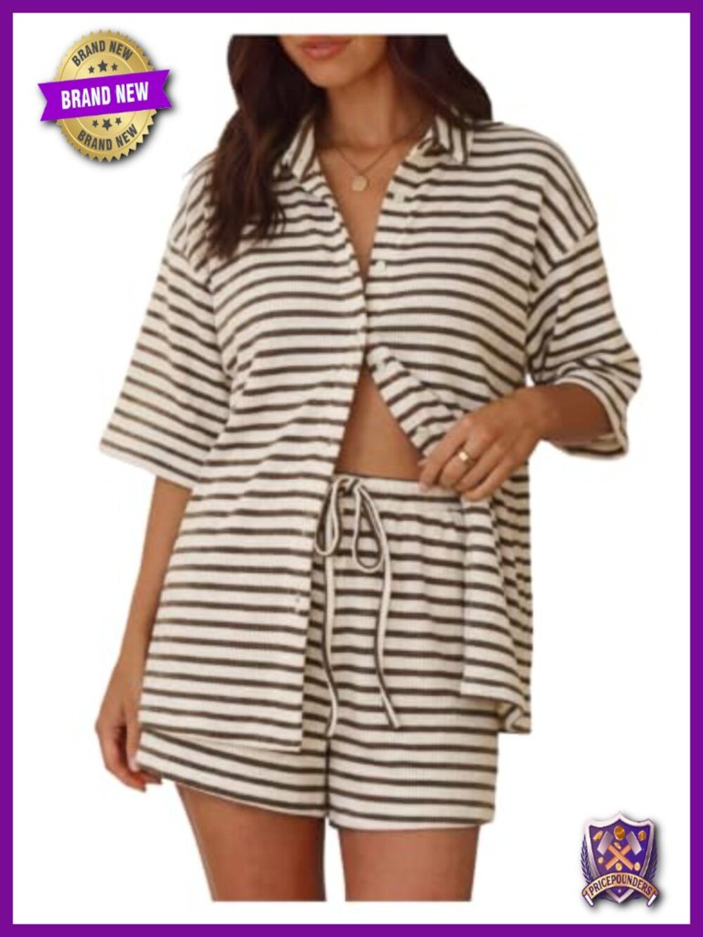 Women's 2 Piece Striped Ribbed Button Down Shirt and Shorts Set